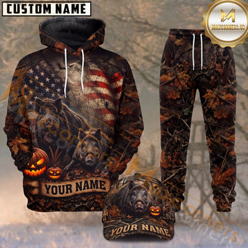 Maxcorners Wild Boar Hunting American Flag Halloween Pumpkins Leaves Camo Personalized Name Unisex 3D Shirt