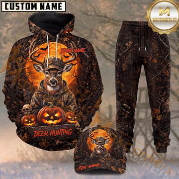 Maxcorners Deer Hunter Buck Wearing Cap Jack-O-Lantern Pumpkins Halloween Camo Personalized Name Unisex 3D Shirt
