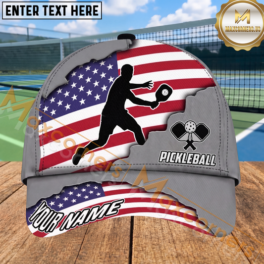 Maxcorners Pickleball Action Player Ripped American Flag Personalized Name 3D Cap