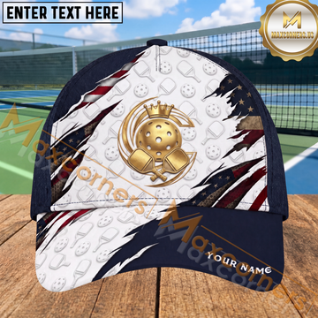 Maxcorners Pickleball Gold Crown Patriotic Ripped Flag Personalized Name 3D Cap