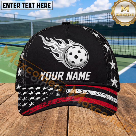 Maxcorners Pickleball Flaming Ball Thin Red Line American Flag Personalized Name 3D Cap