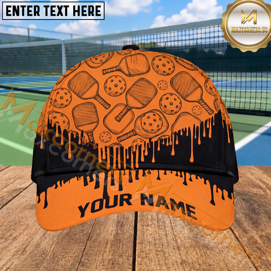 Maxcorners Pickleball Orange Black Dripping Pattern Personalized Name 3D Cap (4 Colors)