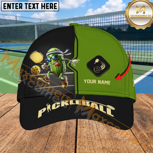Maxcorners Funny Pickleball Cool Pickle Character Black Green Personalized Name 3D Cap
