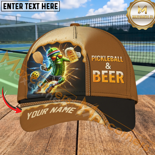 Maxcorners Pickleball And Beer Cool Pickle Character Personalized Name 3D Cap