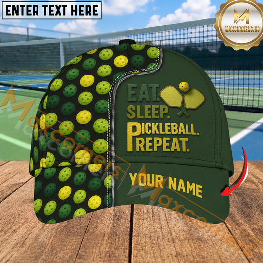 Maxcorners Eat Sleep Pickleball Repeat Green Zipper Style Personalized Name 3D Cap