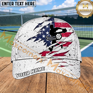 Maxcorners Pickleball American Flag Distressed Silhouette Personalized Name 3D Cap