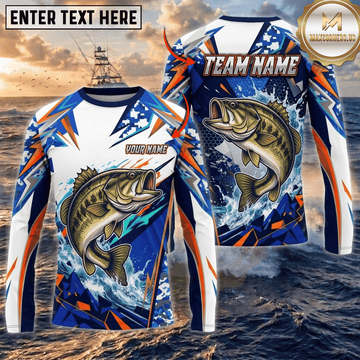 (13 Breeds) Maxcorners Fishing White Blue Orange Digital Camo Bass Splash Design Custom Name & Team Name 3D Shirts