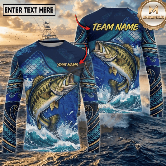 (13 Breeds) Maxcorners Fishing Navy Blue Tribal Scale Bass Wave Splash Design Custom Name & Team Name 3D Shirts