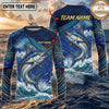 (13 Breeds) Maxcorners Fishing Navy Blue Tribal Scale Bass Wave Splash Design Custom Name & Team Name 3D Shirts
