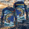 (13 Breeds) Maxcorners Fishing Navy Blue Tribal Scale Bass Wave Splash Design Custom Name & Team Name 3D Shirts