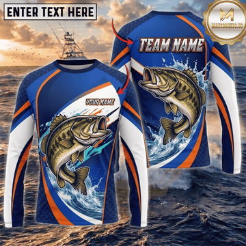 (13 Breeds) Maxcorners Fishing Blue White Orange Scale Bass Splash Design Custom Name & Team Name 3D Shirts