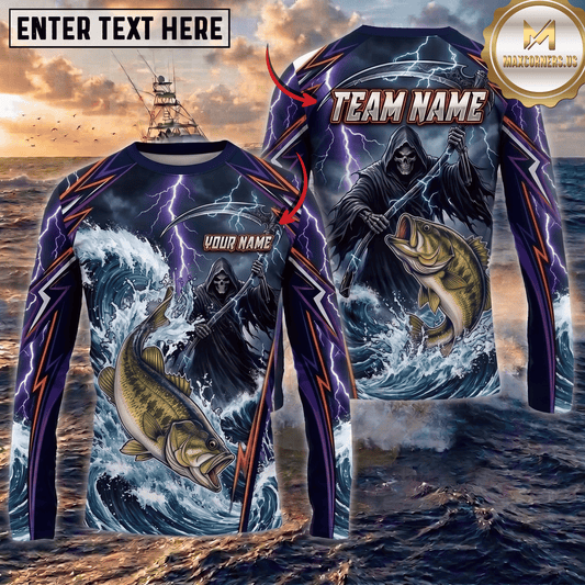 (13 Breeds) Maxcorners Fishing Purple Black Thunder Lightning Grim Reaper Bass Design Custom Name & Team Name 3D Shirts