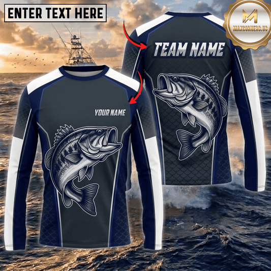 (13 Breeds) Maxcorners Fishing Navy Gray White Fish Scale Bass Design Custom Name & Team Name 3D Shirts