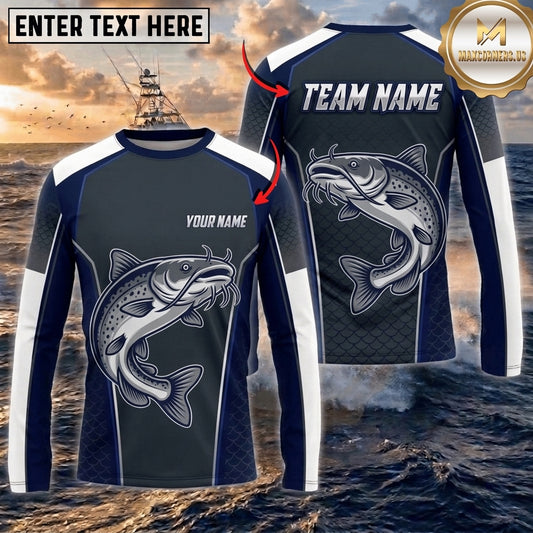 (13 Breeds) Maxcorners Fishing Navy Gray White Fish Scale Bass Design Custom Name & Team Name 3D Shirts