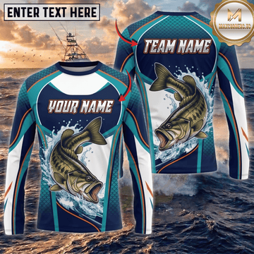 (13 Breeds) Maxcorners Fishing Teal White Water Splash Largemouth Bass Scale Design Custom Name & Team Name 3D Shirts