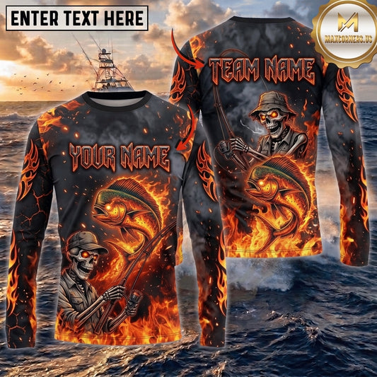 (13 Breeds) Maxcorners Fishing Black Orange Fire Flame Skeleton Bass Angler Design Custom Name & Team Name 3D Shirts