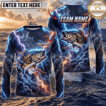 (13 Breeds) Maxcorners Fishing Blue Black Thunder Lightning Storm Bass Design Custom Name & Team Name 3D Shirts