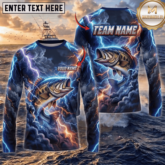 (13 Breeds) Maxcorners Fishing Blue Black Thunder Lightning Storm Bass Design Custom Name & Team Name 3D Shirts