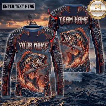 (13 Breeds) Maxcorners Fishing Black Red Camo Monster Fang Bass Fire Wave Design Custom Name & Team Name 3D Shirts