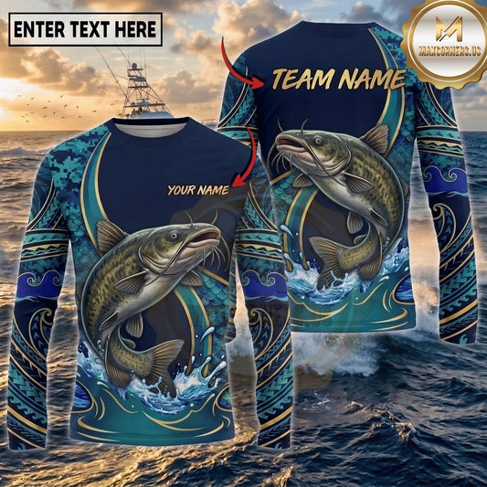 (13 Breeds) Maxcorners Fishing Navy Blue Teal Gold Tribal Polynesian Bass Wave Design Custom Name & Team Name 3D Shirts