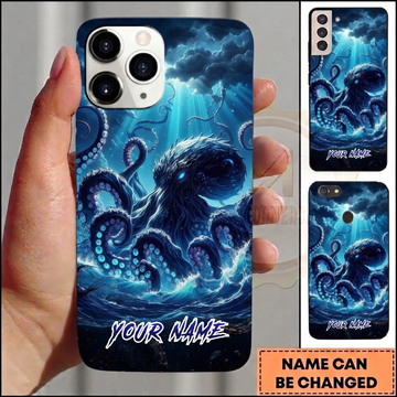 Maxcorners Personalized Dark Blue Kraken Phone Case with Stormy Ocean Waves, Glowing Eyes, Underwater Tentacles and Custom Name