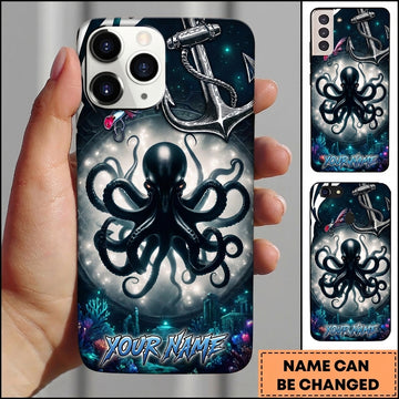 Maxcorners Personalized Black Octopus Phone Case with Full Moon, Nautical Anchor, Fishing Lure, Coral Reef and Custom Name