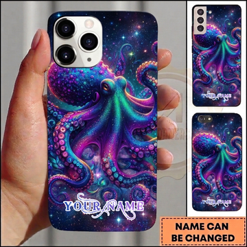 Maxcorners Personalized Colorful Galaxy Octopus Phone Case with Purple Tentacles, Cosmic Stars, Nebula Background and Custom Name