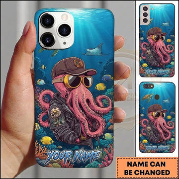 Maxcorners Personalized Biker Octopus Phone Case with Sunglasses, Baseball Cap, Leather Jacket, Tropical Fish and Custom Name