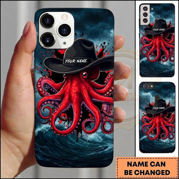 Maxcorners Personalized Cowboy Octopus Phone Case with Black Western Hat, Red Tentacles, Ocean Waves and Custom Name