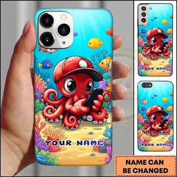 Maxcorners Personalized Cute Red Octopus Phone Case with Baseball Cap, Smartphone, Tropical Fish, Coral Reef and Custom Name