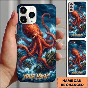 Maxcorners Personalized Orange Octopus Phone Case with Stormy Ocean Waves, Shipwreck, Broken Boat, Dark Sea and Custom Name