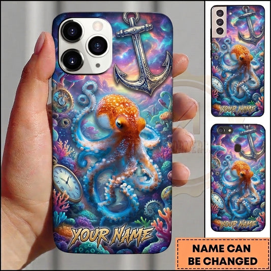 Maxcorners Personalized Fantasy Octopus Phone Case with Nautical Anchor, Colorful Coral Reef, Vintage Clock, Underwater Ocean and Custom Name