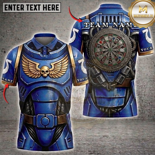 Maxcorners Blue Sci-Fi Warrior Dartboard Skull Wings Battle Armor Multi Options Personalized Name, Team Name Unisex 3D Shirt (3 Colors)