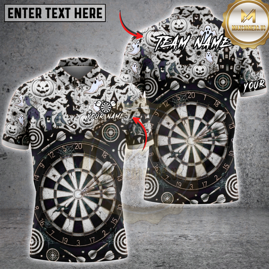 Maxcorners Halloween Darts Shirt Spooky Pumpkin, Ghost, Haunted House and Vintage Dartboard Multi Options Personalized Name, Team Name Unisex 3D Shirt (5 Colors)