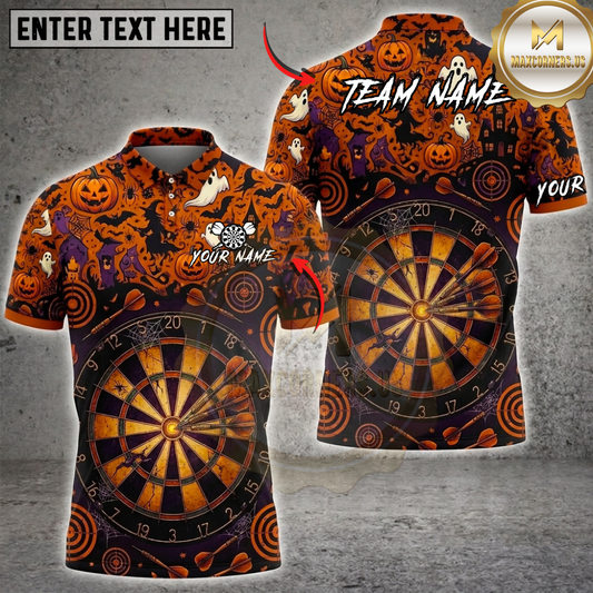 Maxcorners Halloween Darts Shirt Spooky Pumpkin, Ghost, Haunted House and Vintage Dartboard Multi Options Personalized Name, Team Name Unisex 3D Shirt (5 Colors)