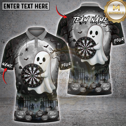 Maxcorners Halloween Darts Shirt Cute Ghost, Full Moon, Dartboard and Jack O Lantern Multi Options Personalized Name, Team Name Unisex 3D Shirt (5 Colors)