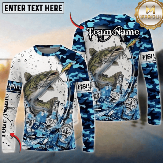 (13 Breeds) Maxcorners Fishing Blue Camo Bass Beer Angler Brew Bubble Design Custom Name & Team Name 3D Shirts