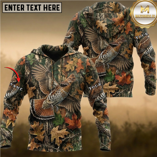Maxcorners Ruffed Grouse Hunting Autumn Forest Camo Leaves Flying Game Bird Multiple Options Personalized Name 3D Hoodie