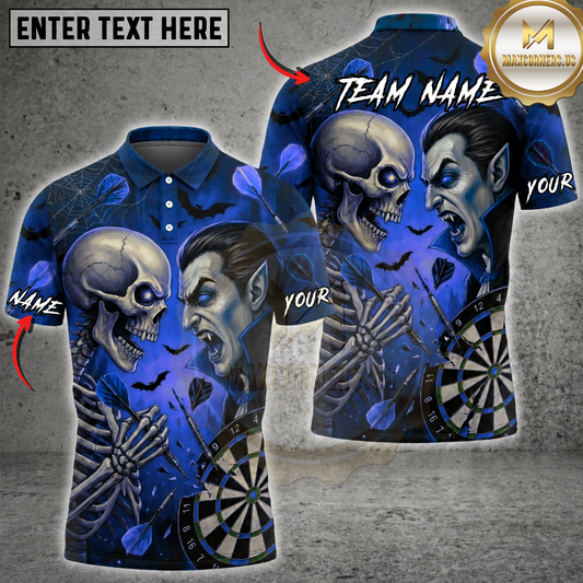 Maxcorners Halloween Darts Shirt Vampire vs Skeleton, Dartboard, Flying Darts and Bats Multi Options Personalized Name, Team Name Unisex 3D Shirt (6 Colors)