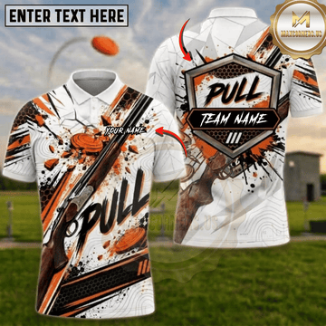 Maxcorners Trap Shooting PULL Shotgun Shattered Clay Targets Orange Black Personalized Polo Shirt