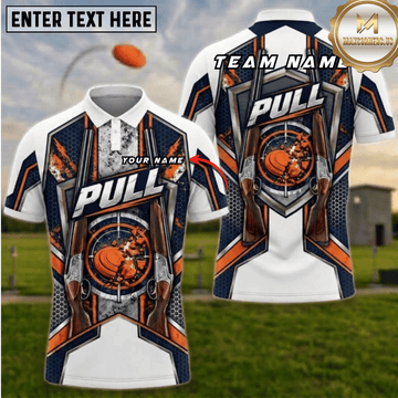 Maxcorners Trap Shooting PULL Double Barrel Shotgun Clay Target Navy Orange Personalized Polo Shirt