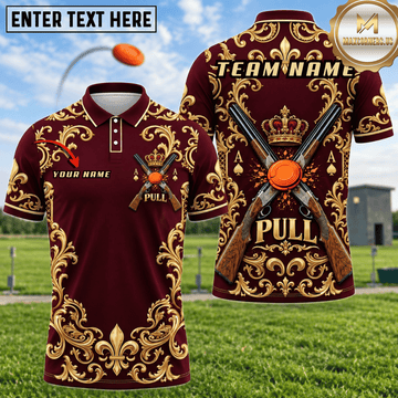 (5 Colors) Maxcorners Trap Shooting Royal Crown Crossed Shotguns Ace Spades PULL Burgundy Gold Polo Shirt