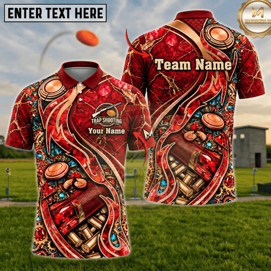 (7 colors) Maxcorners Trap Shooting Red Crystal Ruby Gold Cracked Gears Bullet Flames Personalized Polo Shirt