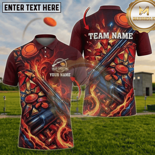 (7 colors) Maxcorners Trap Shooting Navy Blue Galaxy Blue Fire Shattered Glass Shotgun Personalized Polo Shirt