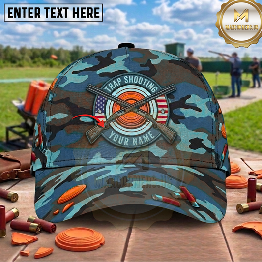 Maxcorners Camo Crossed Shotguns Clay Target USA Flag Trap Shooting Multicolor Options Personalized Name, Team Name 3D Cap (2 Colors)