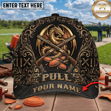 Maxcorners Golden Royal Filigree Dragon Crossed Shotguns PULL Clay Trap Shooting Multicolor Options Personalized Name, Team Name 3D Cap