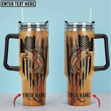 Maxcorners Custom Name Fishing USA Flag Wooden Pattern Handle Cup