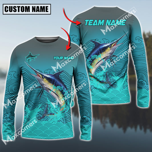 Maxcorner Marlin Fishing Personalized Name And Team Name 3D Long Sleeve Shirt