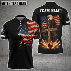 Maxcorners Bowling Distressed American Flag Rip Shoulder & Eagle Cross Strike Art Personalized Name, Team Name 3D Shirt