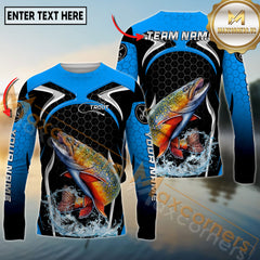 Maxcorners Freshwater Fishing Deep Blue Hexagon Sport Design Personalized Name, Team Name 3D Long Sleeve Shirt